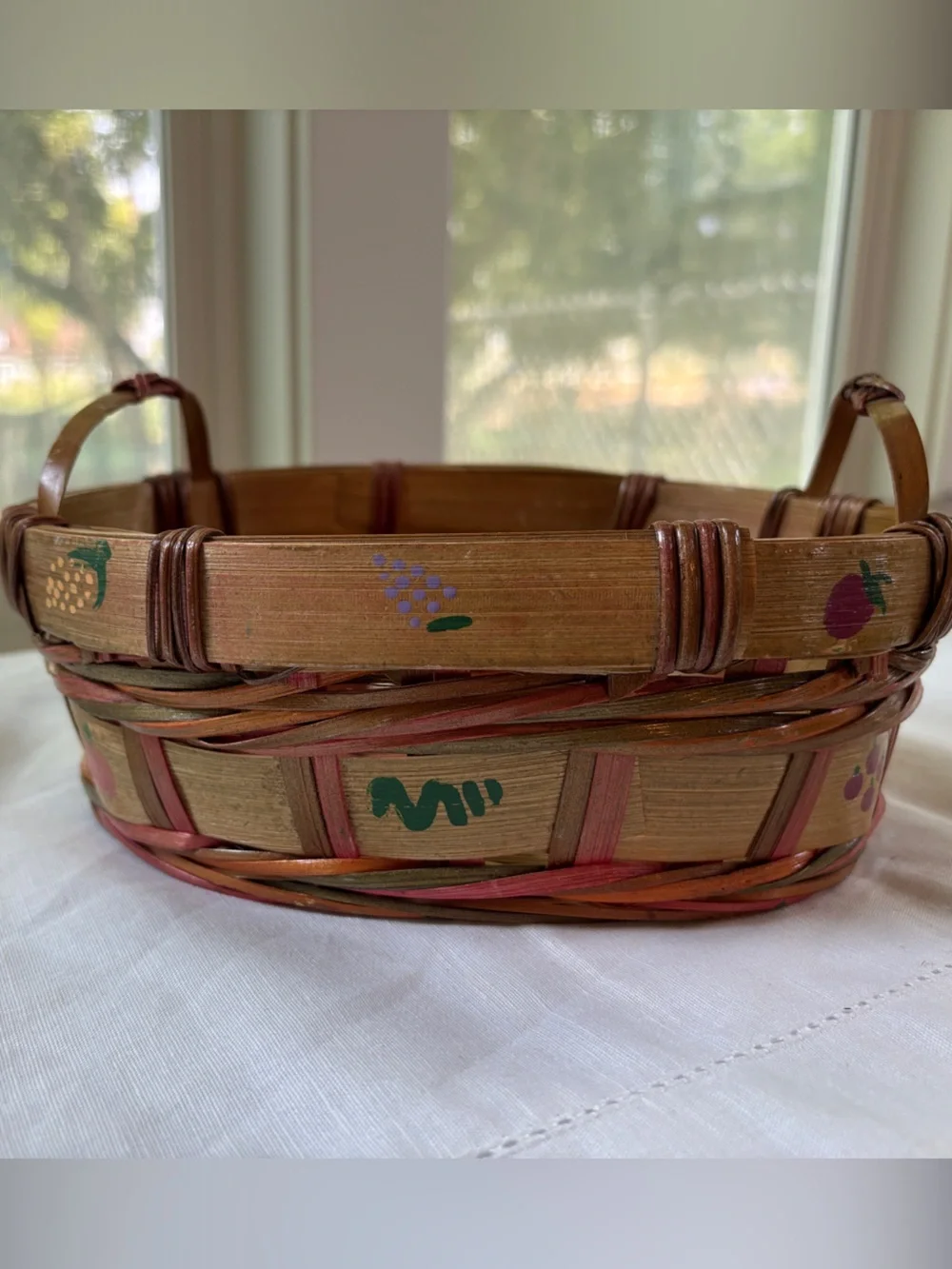 Vintage Hand-Painted Woven Bamboo Fruit Basket with Handles